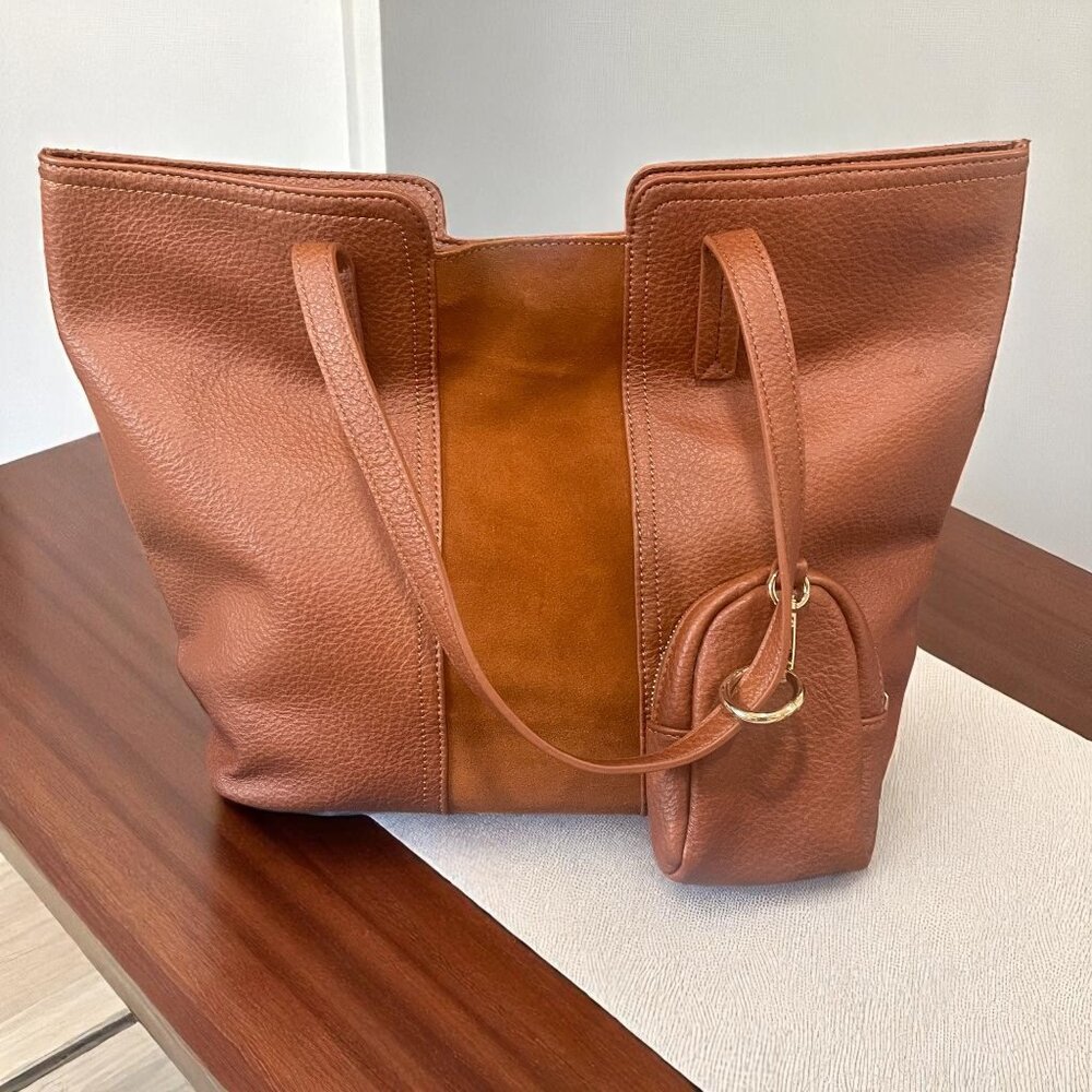 Moda Luxe Tote Bag Cognac Brown Vegan Leather Suede Panel Purse With Pouch‎